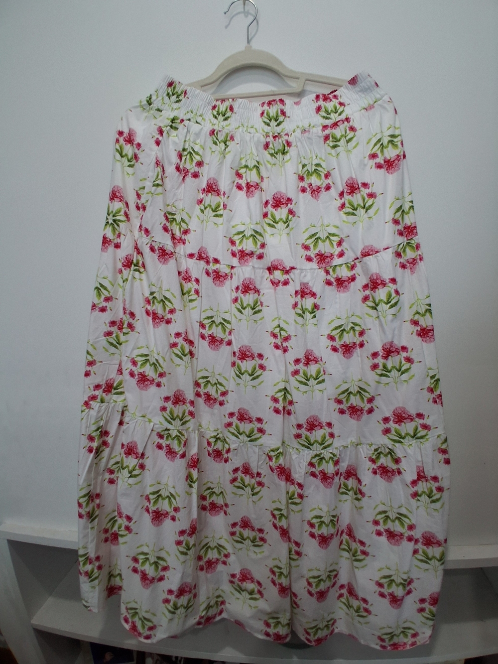 EntroWhite Floral Tiered Maxi Skirt with Pink & Green Print